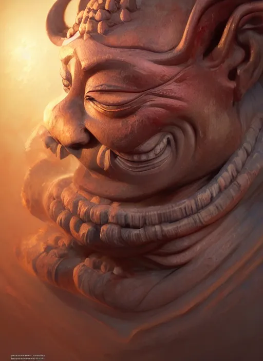 Prompt: oni with the face of a buddha, subsurface scattering, by jesper ejsing, justin gerard, tomasz alen kopera, cgsociety and fenghua zhong, highly detailed, rim light, cinematic lighting, illustration, art, octane render, very coherent, cinematic, hyper realism, high detail, octane render, 8 k