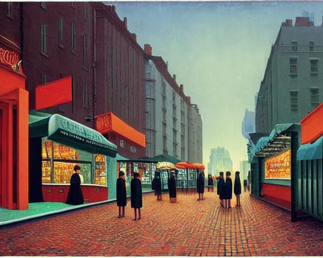 Image similar to street with food stands in a cyberpunk city on a rainy melancholy night by rene magritte