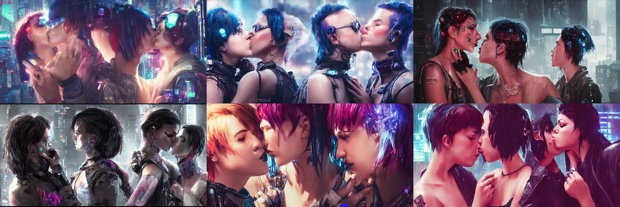 Prompt: cyberpunk lesbians kissing, 4k, trending on artstation