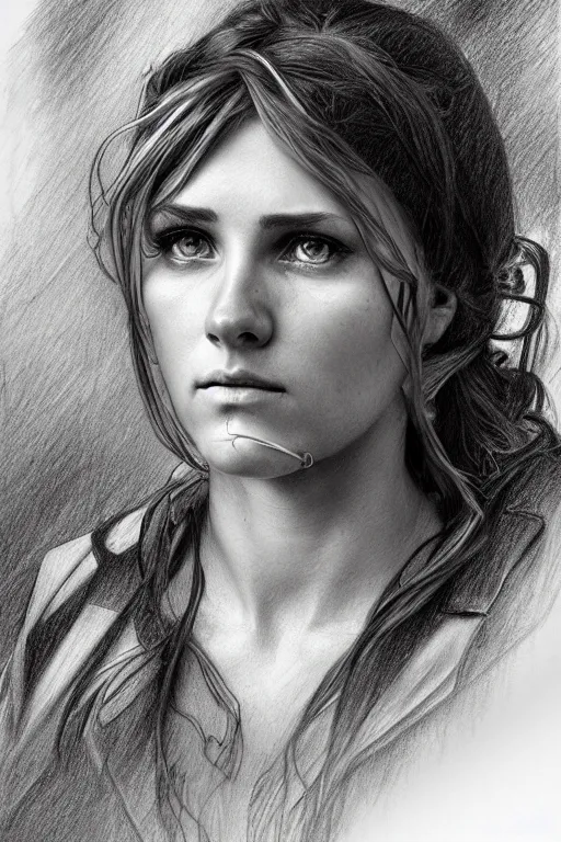 Prompt: portrait pencil sketch a female construction worker by david malan and alphonse mucha, fantasy art, realistic drawing, dynamic lighting, artstation, poster, volumetric lighting, very detailed faces, 4 k, award winning