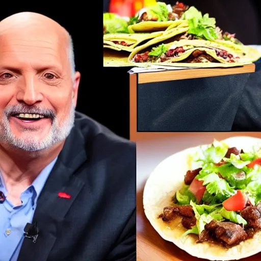 Prompt: Jim Cramer eating so many tacos he has begun to transform into a taco