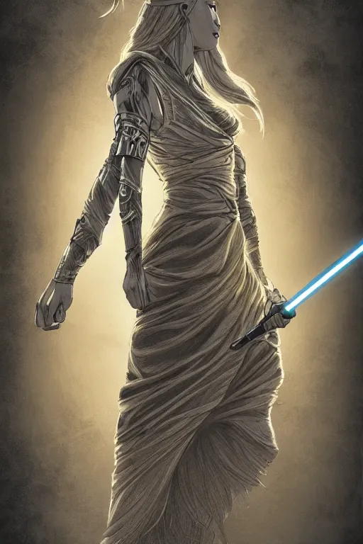 Prompt: ethereal gold and silver tones, jedi warrior princess, full body, style of moebius, james jean, mcbess, cinematic, highly detailed, award winning, 8 k photorealistic