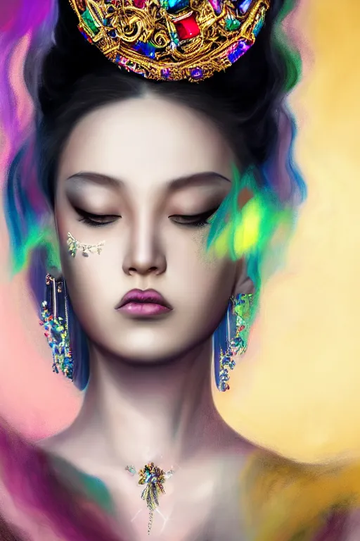 Image similar to a singular beautiful empress dramatic portrait, black hair, with a brilliant, impossible striking shiny big multi colored crystal headpiece, symmetrical, reflective surface, rainbow crystal clothes, rococo, baroque, jewels, asian, realistic, dramatic studio lighting, closeup, D&D, fantasy, intricate, elegant, highly detailed, digital painting, artstation, octane render, 8k, concept art, matte, sharp focus, illustration, art by Artgerm and Greg Rutkowski and Alphonse Mucha