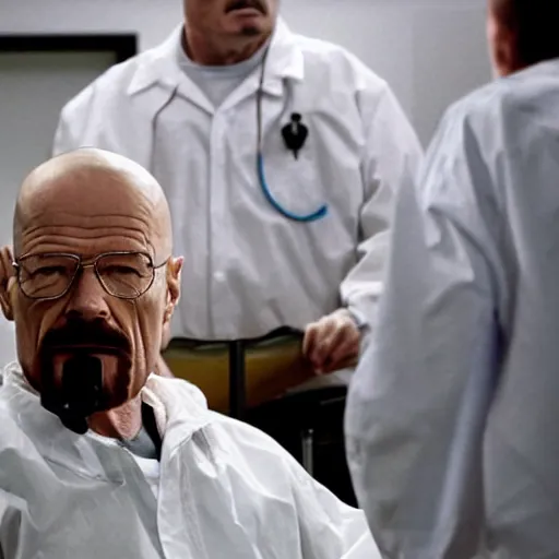 Prompt: walter white wearing a clear oxygen mask with tube running to small oxygen containt next to him. walter sits in a wheelchair in a courtroom.