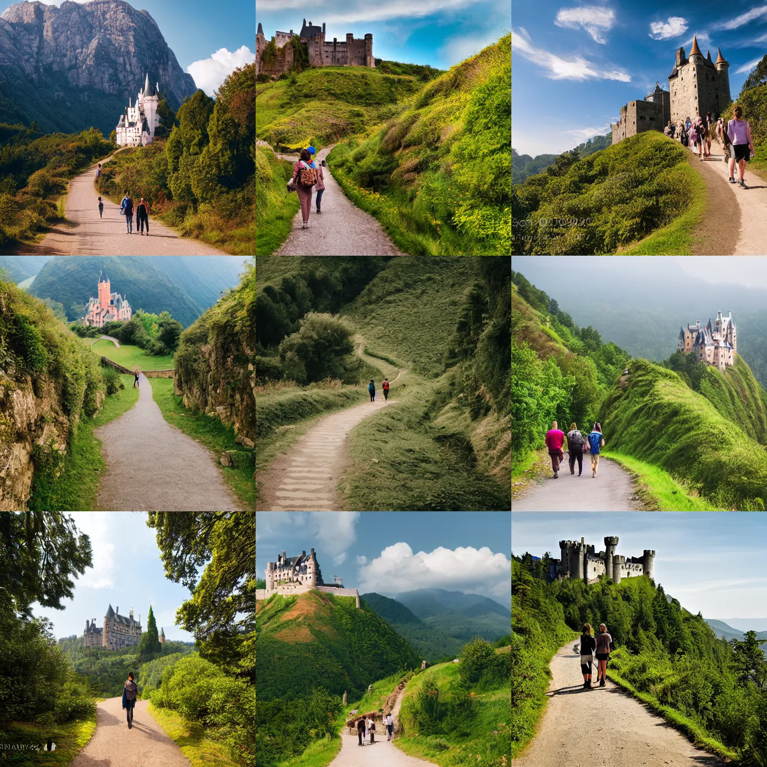 Prompt: photograph a hilly landscape with castle and travelers on a path