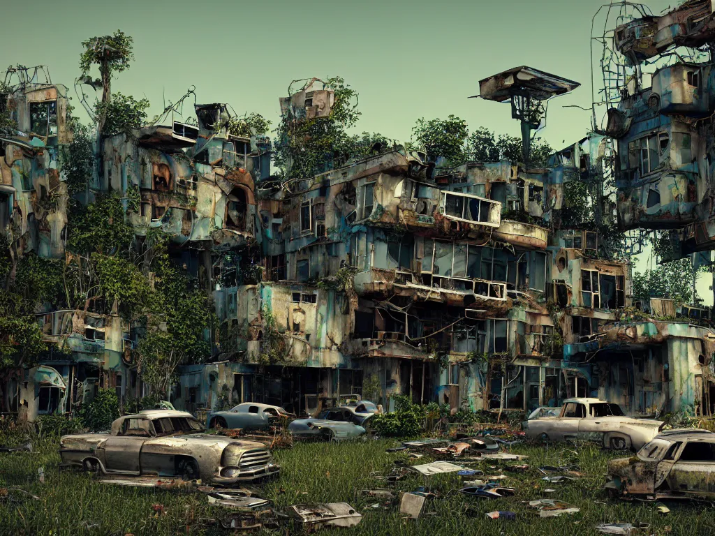 Image similar to beautiful house made from junkyard scrap parts, in an abandoned car lot overgrown, junk architectural, futuresynth, scrapyard architecture, blender, morning, ruined city in the background, trending on artstation