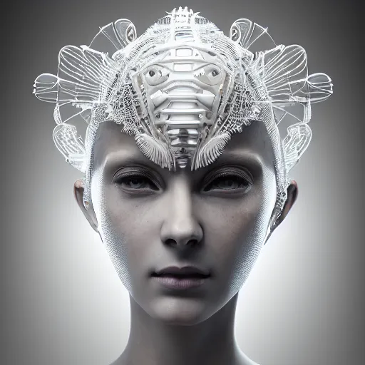 Prompt: closeup portrait of an absurdly beautiful, graceful, sophisticated, fashionable cyberpunk mechanoid gravure idol, an ultrafine hyperdetailed illustration by irakli nadar, matt wisniewski style, fashion photography, intricate linework, porcelain skin, jellyfish headdress, fractal ivory carved ruff, unreal engine 5 highly rendered, global illumination, radiant light, detailed and intricate environment