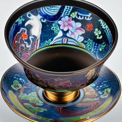 Image similar to astonishing japanese tea cup with amazing artwork of temples and yin and yang on the side, product shoot, studio lighting