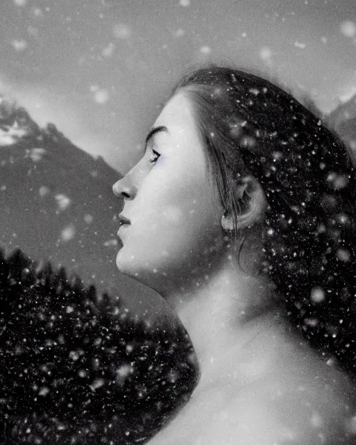 Image similar to a woman's face in profile, made of a snow capped Swiss mountain, in the style of the Dutch masters and Gregory Crewdson, dark and moody