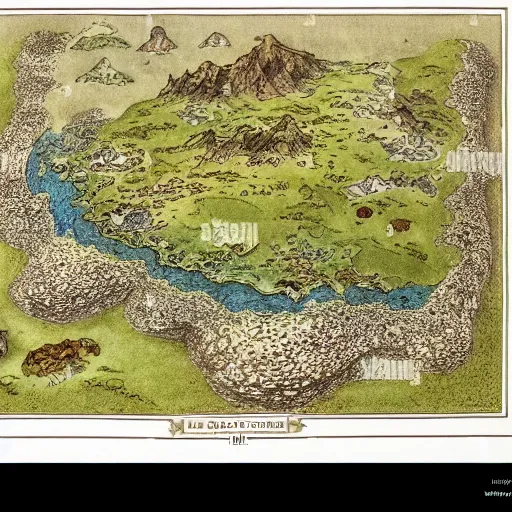 Image similar to an isometric fantasy map, the land of Odrua, uncluttered, bordered by ocean, continent with mountains lakes hills and cities, by brian froud by jrr tolkien