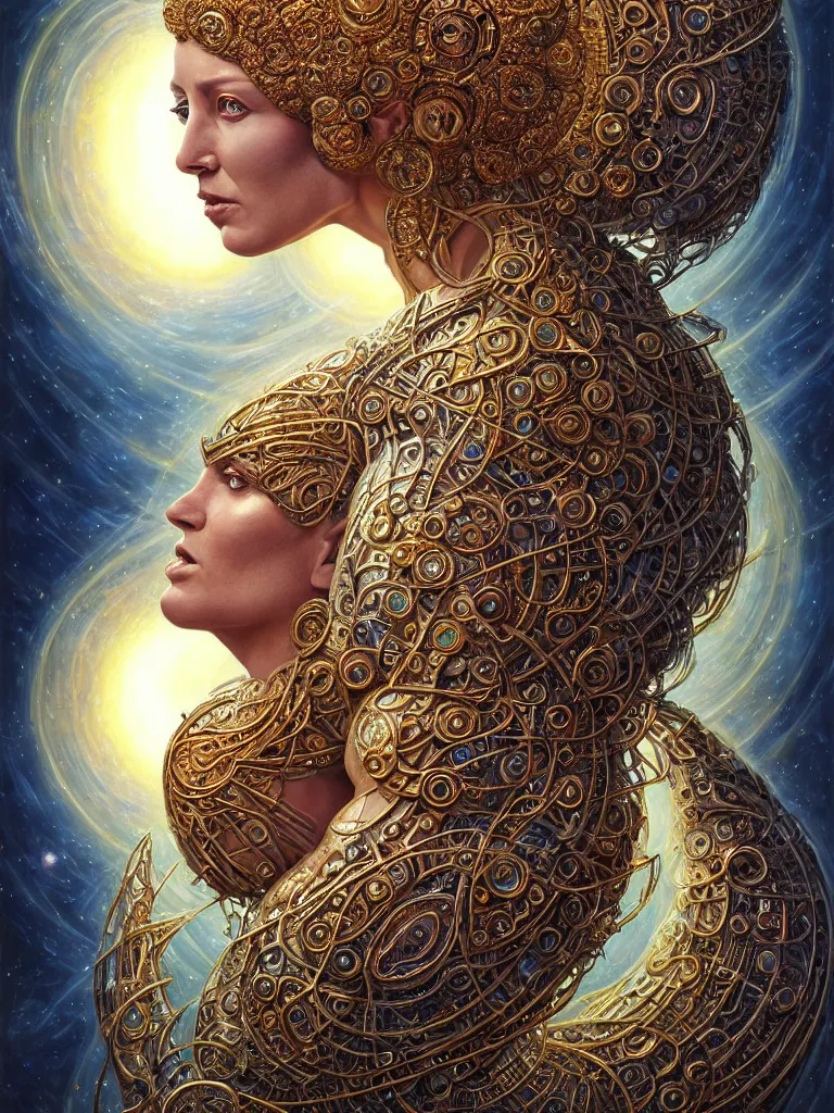 Prompt: hyper-realistic fullbody portrait. very complex hyper-maximalist overdetailed cinematic cosmic scifi portrait of an elegant very attractive sun goddess mother of the universe by andrei riabovitchev, tomasz alen kopera, oleksandra shchaslyva and peter morbacher. Extremely ornated and decorative. Fancy luxury beautiful. Omnious intricate. Secessionist portrait illustration. Goddess of the sky. Focus on face. Artstation. Deviantart. 8k 4k 64megapixel. Rendered by binx.ly.