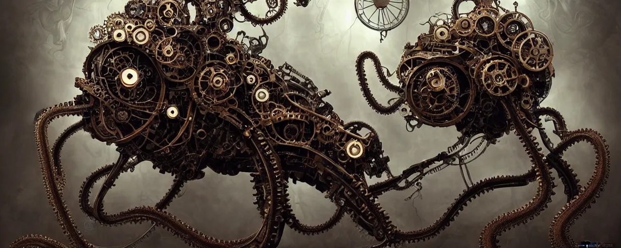 Image similar to biomechanical shiny steampunk!!! vehicle reminiscent of bugatti chiron with (glowing) lights and octopus tentacles parked in ancient mystic woods, gothic and baroque, brutalist architecture, ultradetailed, creepy ambiance, fog, artgerm, giger, Intricate by Ellen Jewett and Josan Gonzalez and Giuseppe Arcimboldo