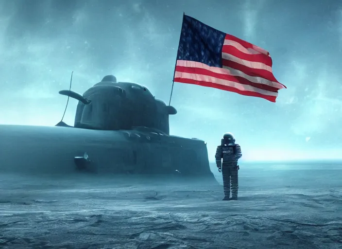 Image similar to astronaut holding a flag in an underwater desert. a submarine is visible in the distance. dark, concept art, cinematic, dramatic, atmospheric, 8 k, trending on artstation, blue, fish, low visibility, fog, ocean floor, christopher nolan, interstellar