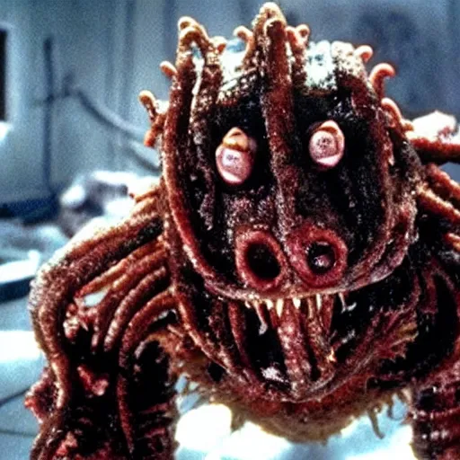 Image similar to horrible creature from the movie The thing (1982). disgusting. movie scene. blood. creepy. tentacles. peeling. chilling. scary. gross. visceral. disturbing. granular photography. old movie W-1024 H1024