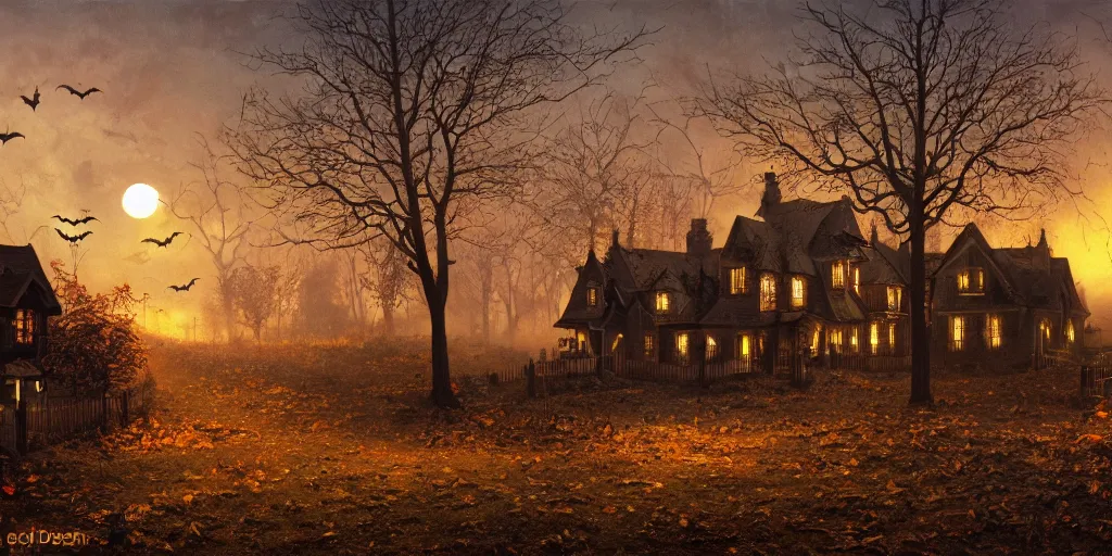 Prompt: a halloween landscape in november, by Ernest deutsch + Ted Nasmith, cinematic lighting, masterpiece, highly detailed, 8k resolution, trending on art station