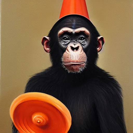 Image similar to An exquisite oil painting of a chimpanzee dressed like Prince Philip with a traffic cone on his head