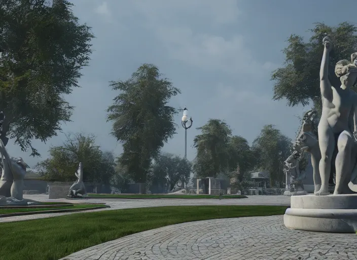 Image similar to a park with many marble statues, cinematic light, 8 k, unreal engine,