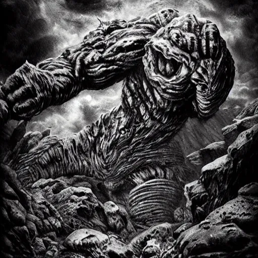 Image similar to giant rock monster, medieval, fiend, toned, realistic shading, fantasy, highly detailed, hd, concept art, focus, textures, shredded, black and white ink painting by kentaro miura