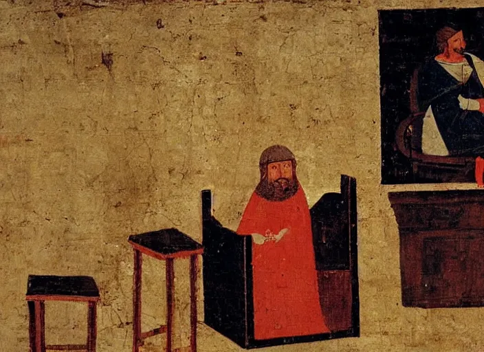 Prompt: man watching television. medieval painting