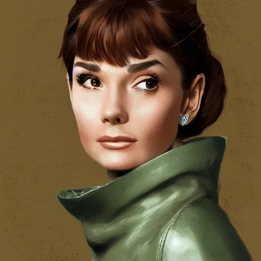 Image similar to a beautiful woman, beauty, looks like Audrey Hepburn, bard, brown hair, messy hairstyle, bangs, cream colored peasant shirt, brown pants, leather boots, dark green cloak, round hood, elf ears, youthful, white background, proportionate, by Greg Rutkowski and Tony Sart, trending on artstation, realistic, highly detailed, masterpiece