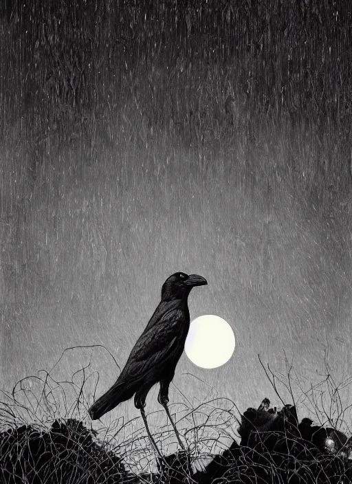 Image similar to portrait, A crow in front of the full big moon, book cover, red white and black colors, establishing shot, extremly high detail, foto realistic, cinematic lighting, pen and ink, intricate line drawings, by Yoshitaka Amano, Ruan Jia, Kentaro Miura, Artgerm, post processed, concept art, artstation, matte painting, style by eddie mendoza, raphael lacoste, alex ross