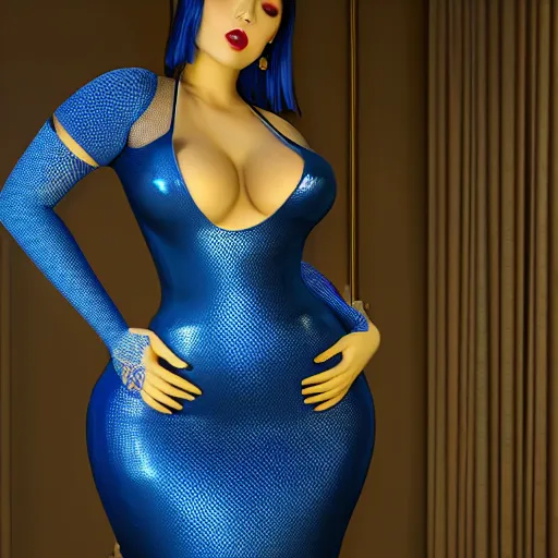 Prompt: curvy feminine hot goth cutie in a sublime elegant polished blue-gold latex neck-high gown with fishnet accents and polished latex stockings, thin waist, cgsociety, photorealistic, comfy ambience, idealistic, 16k, smooth, sharp focus, trending on ArtStation, volumetric lighting, fully clothed, worksafe