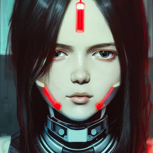 Image similar to A cyborg girl with big and cute eyes, fine-face, realistic shaded perfect face, fine details. red, black and white robotic parts. realistic shaded lighting poster by Ilya Kuvshinov katsuhiro otomo ghost-in-the-shell, magali villeneuve, artgerm, Jeremy Lipkin and Michael Garmash, Rob Rey and Kentarõ Miura style, trending on art station