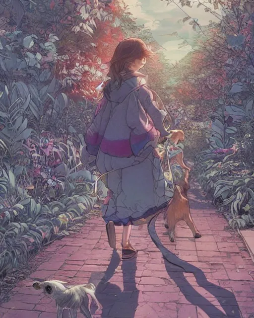 Image similar to a girl walking her small dog at the park, full shot, facing forward, ambient lighting, detailed, art by ayami kojima, makoto shinkai, kilian eng