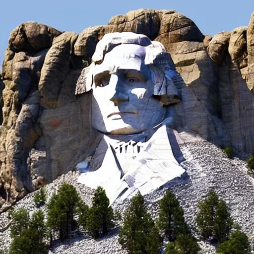 Image similar to a photo of mount rushmore after donald trump's face had been added. the photo clearly depicts the facial features of donald trump and his particular hair style carved into the stone at the mountain top