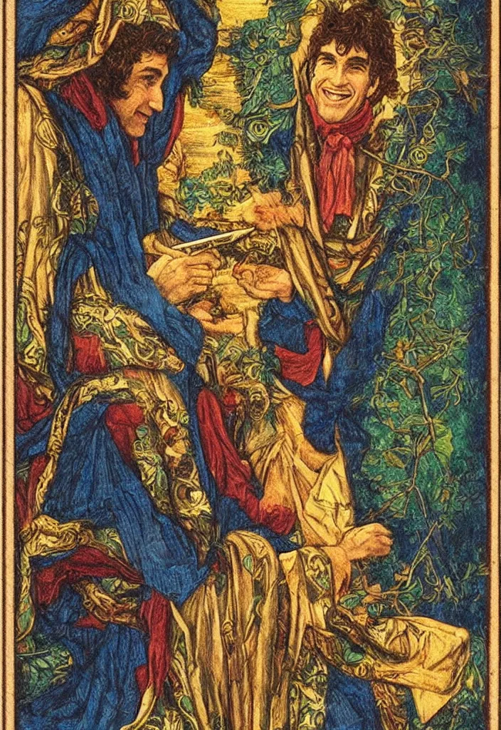 Image similar to Yoshua Bengio smiling on the Tarot card. Illustration by preraphaelists.