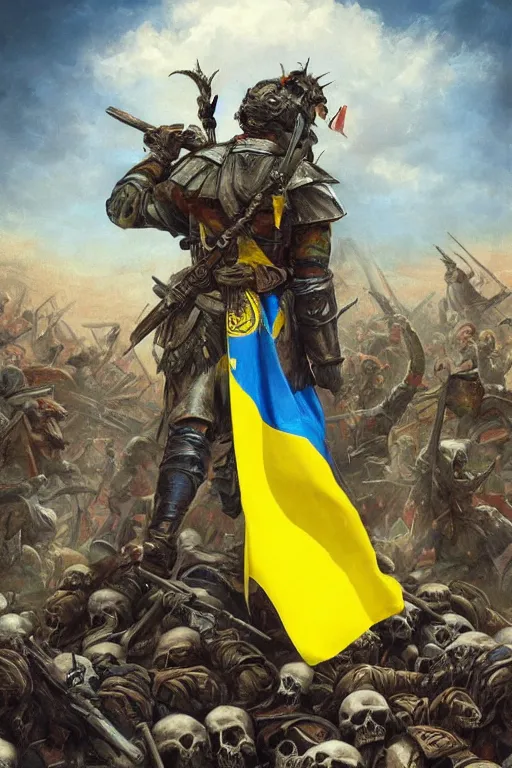 Prompt: A distant shot view from behind of soldier with a Ukrainian blue and yellow flag behind him is standing on a pile of skulls in triumph after the battle, extended art, D&D, fantasy, intricate, elegant, highly detailed, hyper realistic, digital painting, artstation, concept art, matte, sharp focus, illustration, art by Artgerm and Noah Bradley and Scott M Fischer and Greg Rutkowski and Alphonse Mucha