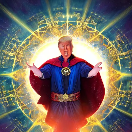 Image similar to donald trump as doctor strange, radiant light, caustics, heroic, bright iridescent light, by gaston bussiere, bayard wu, greg rutkowski, maxim verehin