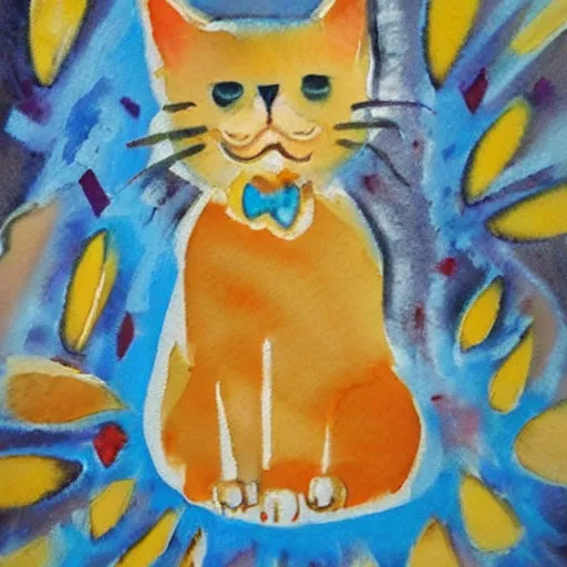 Prompt: Cat. Watercolor, sprayed through stencils and brushed, on paper mounted on board inscribed by the artist.