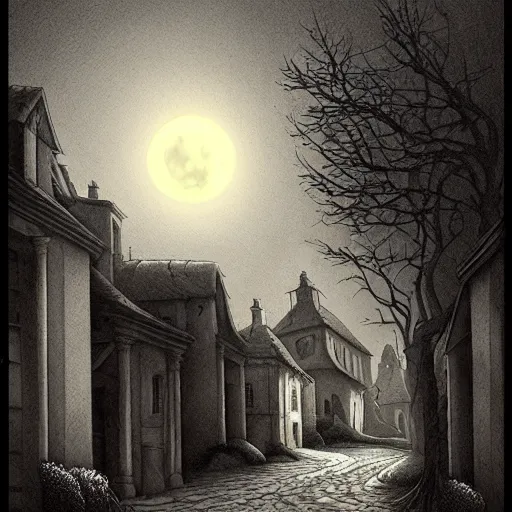 Image similar to in the style of gerald brom, caravaggio, beautiful small town, houses and buildings, 1 8 0 0 s, cobblestone roads, low light, low large moon, trees, forest in the distance, light mist creature lurking in the shadows