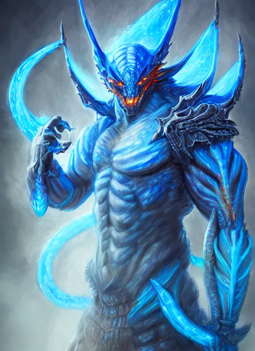 Art depiction of a male humanoid with steel blue skin