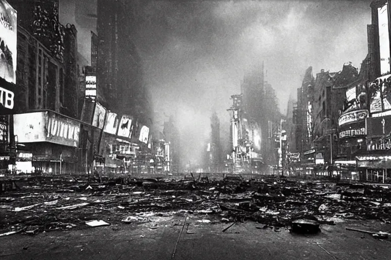 Image similar to dark photo of an destroyed times square after a nuclear attack, thunderstorm, pictorialism, desolate