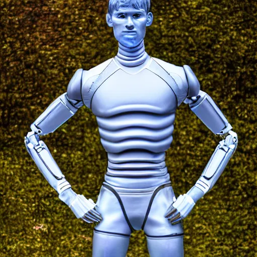 Image similar to a realistic detailed photo of a guy who is an attractive humanoid who is half robot and half humanoid, who is a male android, soccer player martin ødegaard, shiny skin, posing like a statue, blank stare, by the pool, on display, showing off his muscles, humanoid robot, frozen ice statue