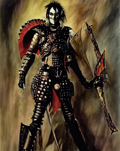Prompt: portrait of a skinny punk goth roald dahl wearing armor by simon bisley, john blance, frank frazetta, fantasy, thief warrior
