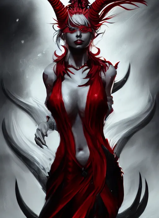 Image similar to a highly detailed illustration of fierce beautiful long white haired horned demon woman wearing red and black battle dress, dramatic imposing pose, perfect face, perfect body, intricate, elegant, highly detailed, centered, digital painting, artstation, concept art, smooth, sharp focus, league of legends concept art, wlop.