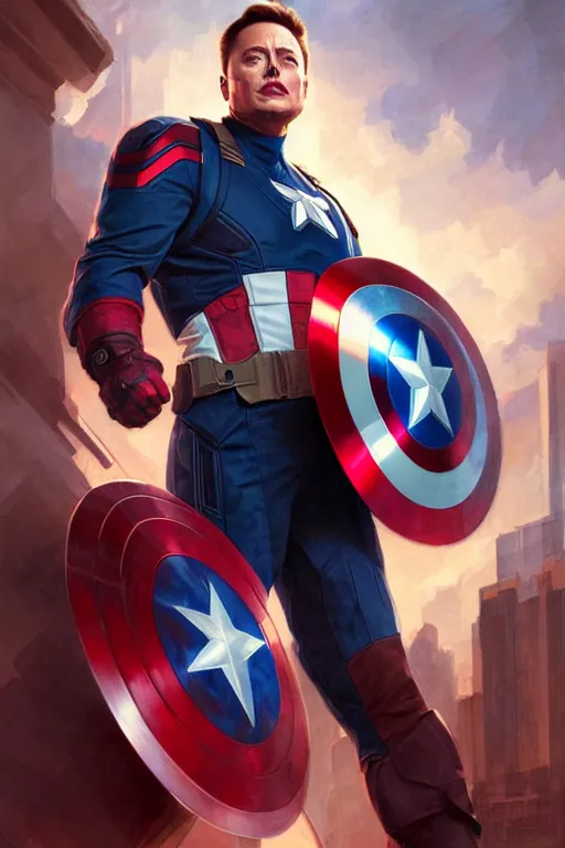 Image similar to elon musk as captain america, marvel character, portrait, highly detailed, digital painting, artstation, concept art, smooth, sharp focus, illustration, cinematic lighting, art by artgerm and greg rutkowski and alphonse mucha