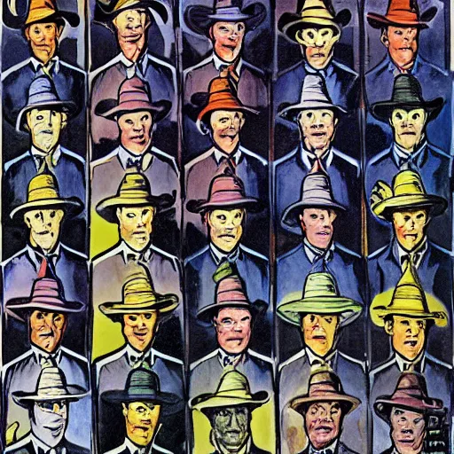 Image similar to A row of men in hats are standing, looking into the distance. the man in the centre is facing the front, looking downwards at his stomach by Frank Kelly Freas