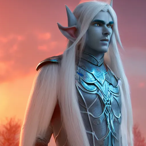 Prompt: a highly detailed male elf in full length, with white long hair, white clothes, bright blue eyes, artstation, DeviantArt, professional, octane render