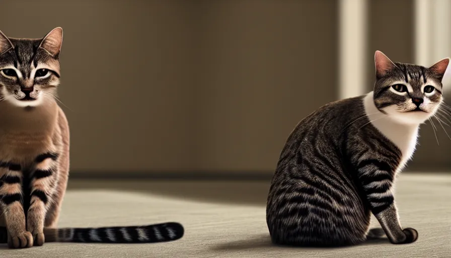 Prompt: a polite cat giving an interview, photograph, photorealistic rendering, movie still