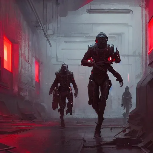 Image similar to concept art by greg rutkowski, soldiers in futuristic tactical gear, running around the outside of a space colony, futuristic, brutalistic environment, scifi, detailed and intricate environment, reddish lighting, stressful atmosphere, high technology, highly detailed portrait, digital painting, artstation, concept art, smooth, sharp foccus ilustration, artstation hq.