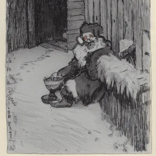 Image similar to a rabbit dressed as santa is eating porridge outside a cottage, in the style of anders zorn