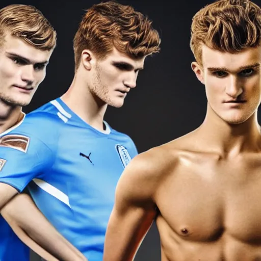 Image similar to a realistic detailed photo of a guy who is an attractive humanoid who is half robot and half humanoid, who is a male android, soccer players martin ødegaard & timo werner, shiny skin, posing like a statue, blank stare, in a factory, on display, showing off his muscles, gold soccer shorts, side view, looking at each other mindlessly