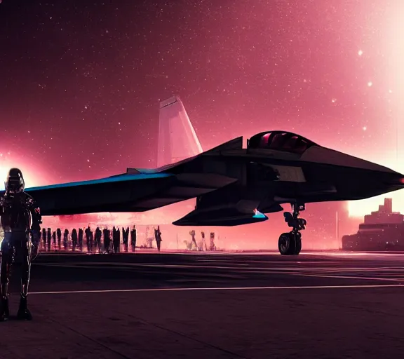 Image similar to fighter pilot stands beside futuristic sci fi fighter jet landed at runway of cyberpunk city, night photo ,dark cinematic lighting , digital concept art