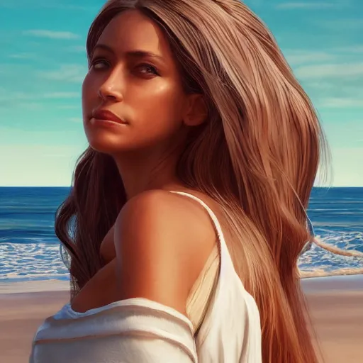 Prompt: digital art of a hispanic woman with long white hair wearing a dress at the beach, summer warm weather, beautiful lighting, by artgerm, by greg rutkowski, highly detailed, octane render, beautiful face, 4 k, trending on artstation, palm tree background