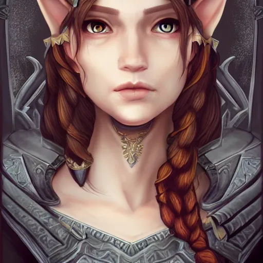 Image similar to portrait, 30 years old women :: fantasy elf, small ears :: amber eyes, long straight darkblond hair :: attractive, symmetric face :: brown medieval cloting, natural materials :: high detail, digital art, RPG, concept art, illustration