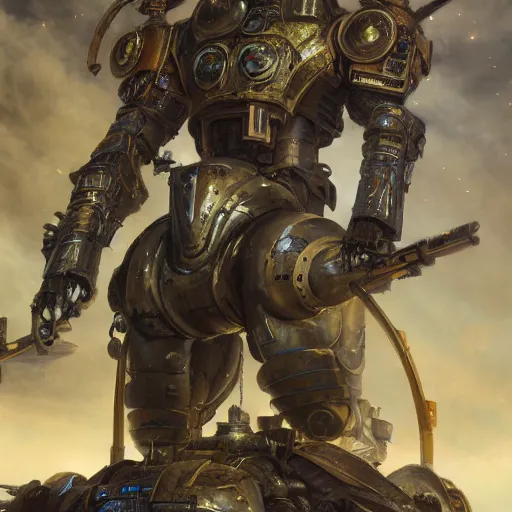 Prompt: gigantic bipedal humanoid war machine standing in a battlefield, steam punk, 70's sci-fi, in the style of Fenghua Zhong and Ruan Jia and Jermy lipking and peter mohrbacher, mystic colors, highly detailed, deep aesthetic, 8k, highly ornate intricate details, cinematic lighting, rich colors, digital artwork, ray tracing, hyperrealistic, photorealistic, cinematic landscape, trending on artstation,
